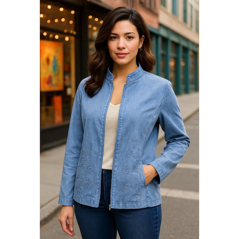 Alfred Dunner Sz 14 Floral Embroidered Classic Layering Essential Zip Jacket